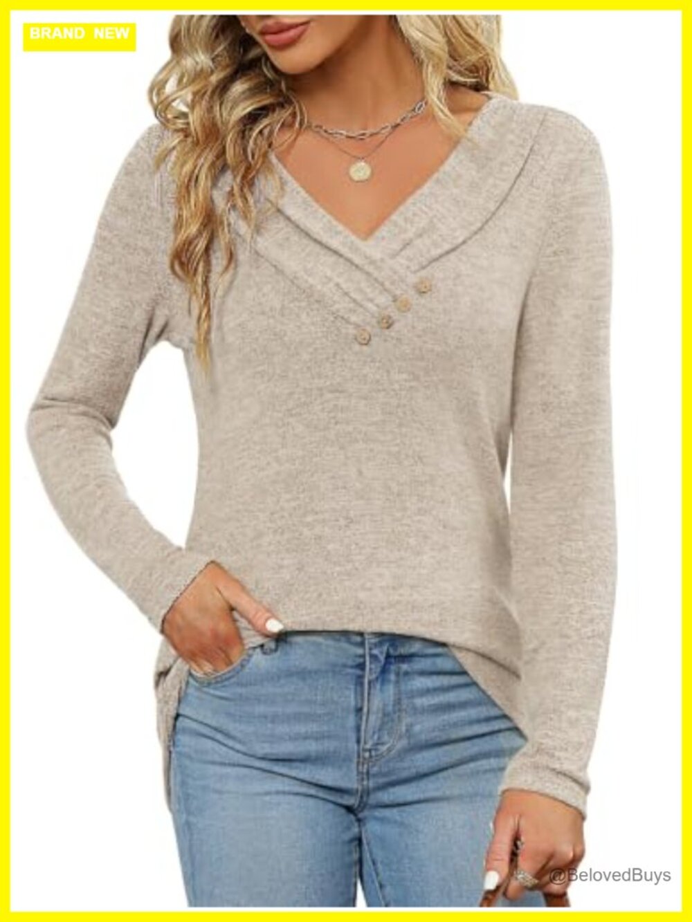 Women's Long Sleeve Tunic Top V Neck Button Detail Casual Blouse